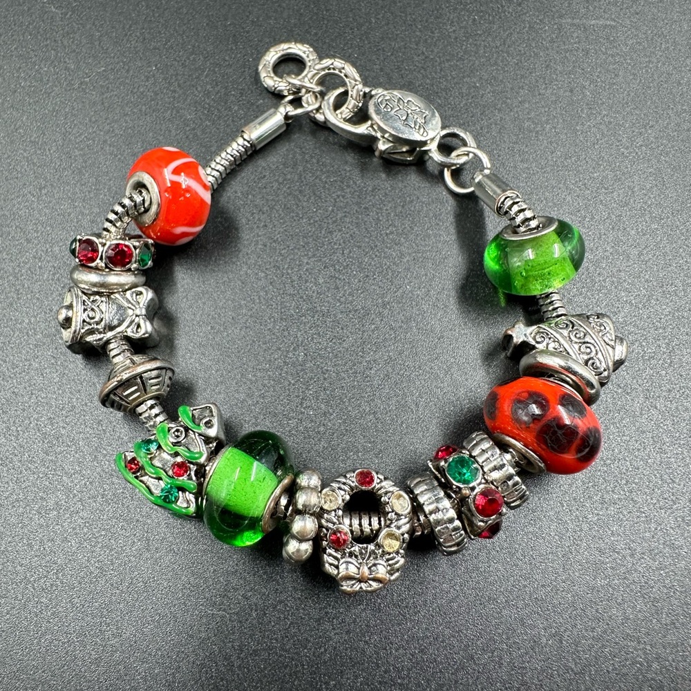 Christmas Slider Charm Bracelet Tree Wreath Bell Glass Beads